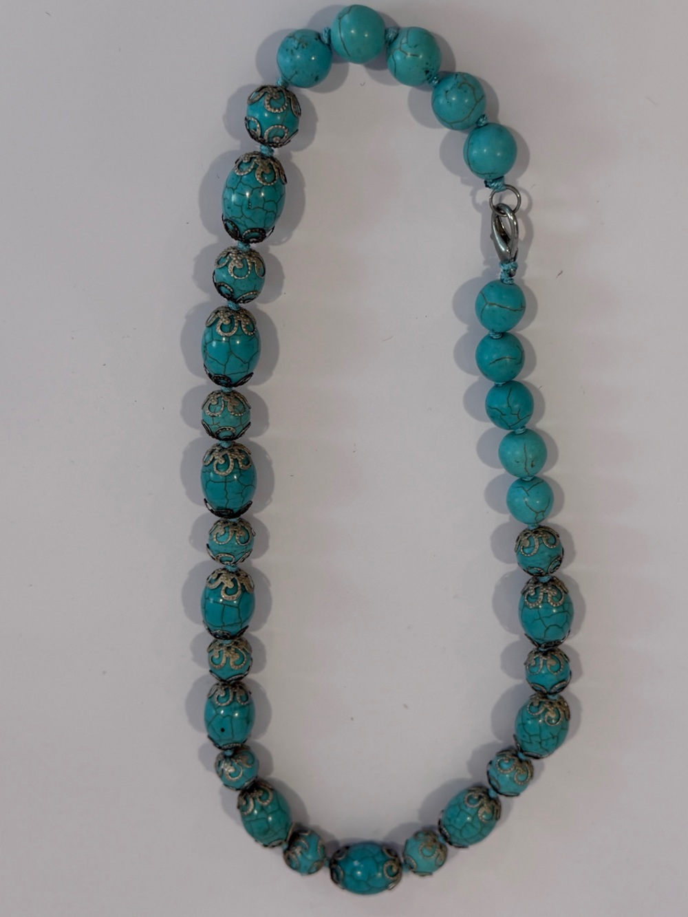Vintage Boho Turquoise Blue Barrel Bead Necklace Silver Filigree Detail